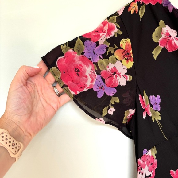 Talbots Size 8 Floral Dress Black Pink Midi Cap Sleeve Lunch Date Church Dress - Picture 5 of 15